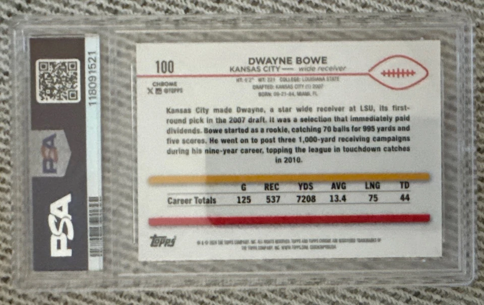 2024 Topps Zafiro Púrpura Kansas City Chiefs Dwayne Bowe 7/10 PSA 9 Foto 2 de 2