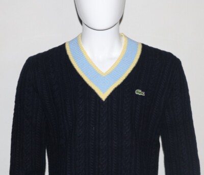 LACOSTE Unisex Classic-Fit Cable-Knit V-Neck Sweater Blue Size
