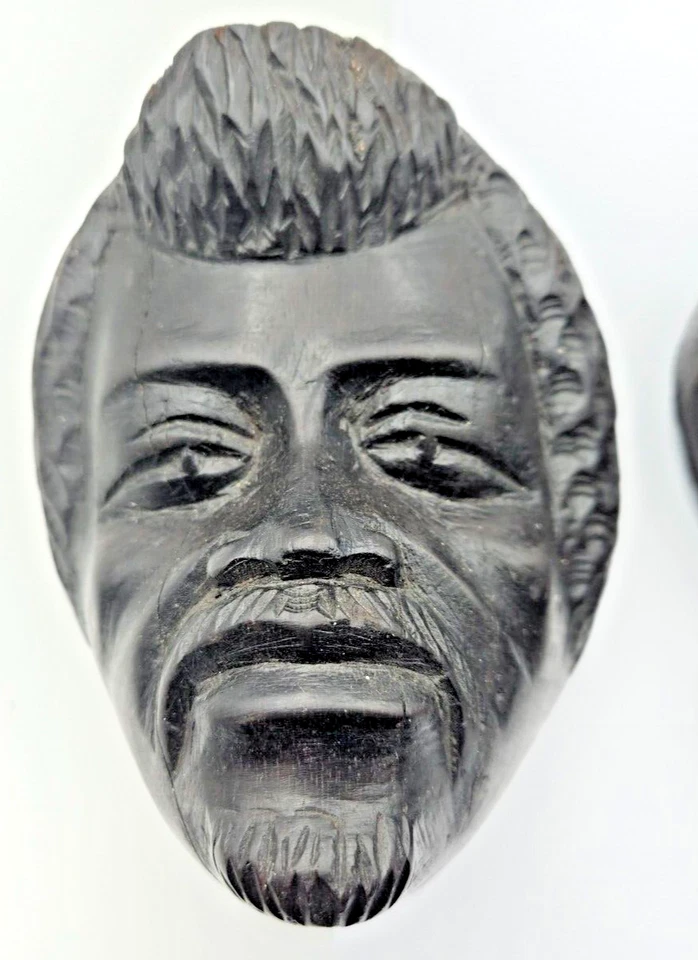 ANCIENNE PAIRE DE 2 TETES HOMME FEMME AFRICAIN EN EBENE SCULPTE - Photo 3/4