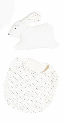 New Bonpoint Baby Gift Set Includes Bib And Stuffed Bunny, polka dot pattern.