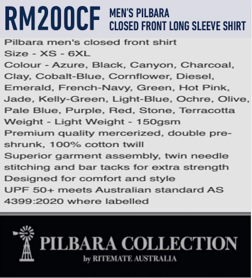 RITEMATE PILBARA CLOSED FRONT LONG SLEEVE MENS COTTON SHIRT  RM200CF *FREE POST* - image 3 of 4
