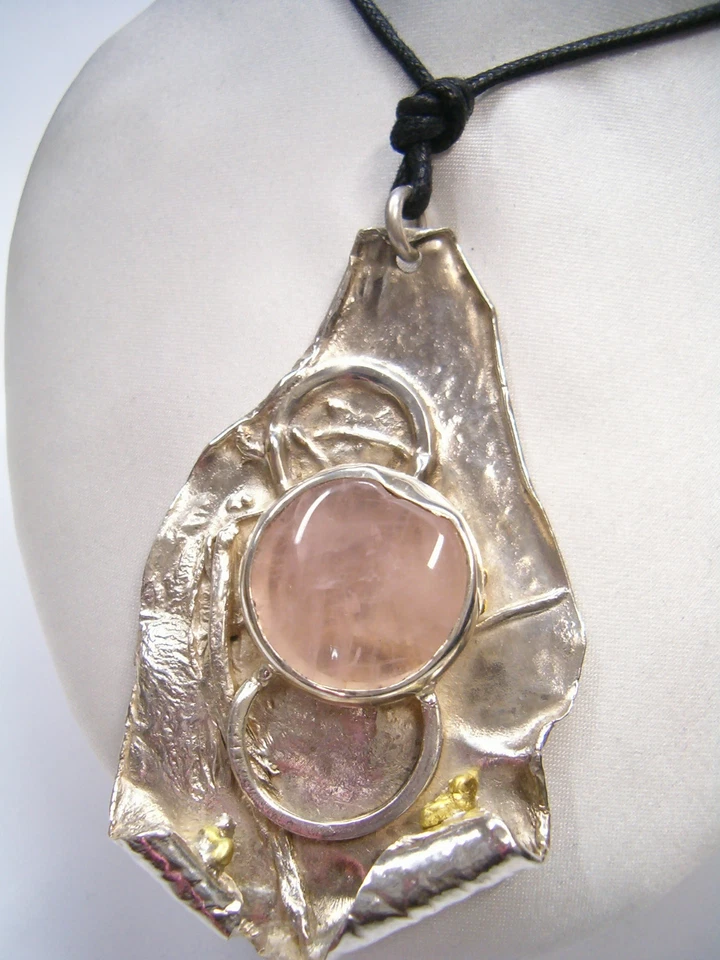 Ciondolo in ARGENTO 925 con QUARZO ROSA naturale -pendente pietra dura girocollo - Immagine 2 di 4