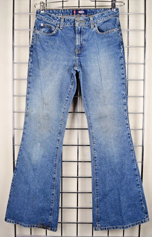 Vintage Bongo Jeans W28 L30 90s Med Blue Wash Studded Side Stripes Flare Leg - Image 2 of 4