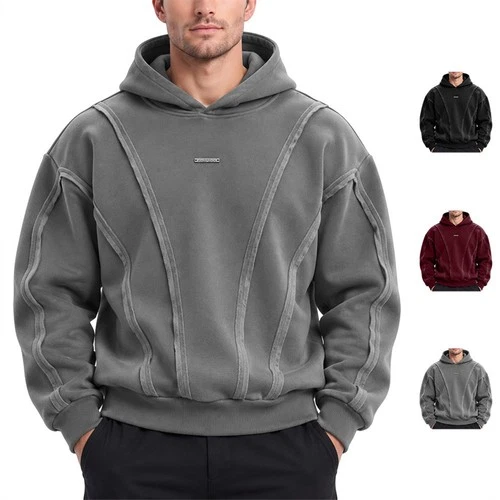 Mens 3D Spliced Drop Shoulder Hoodie, Loose Pullover Long Sleeve Sweatshirt