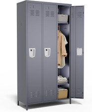 3 Door Metal Lockers for Employees,Heavy-Duty Hooks,72" Secure Storage  Gray