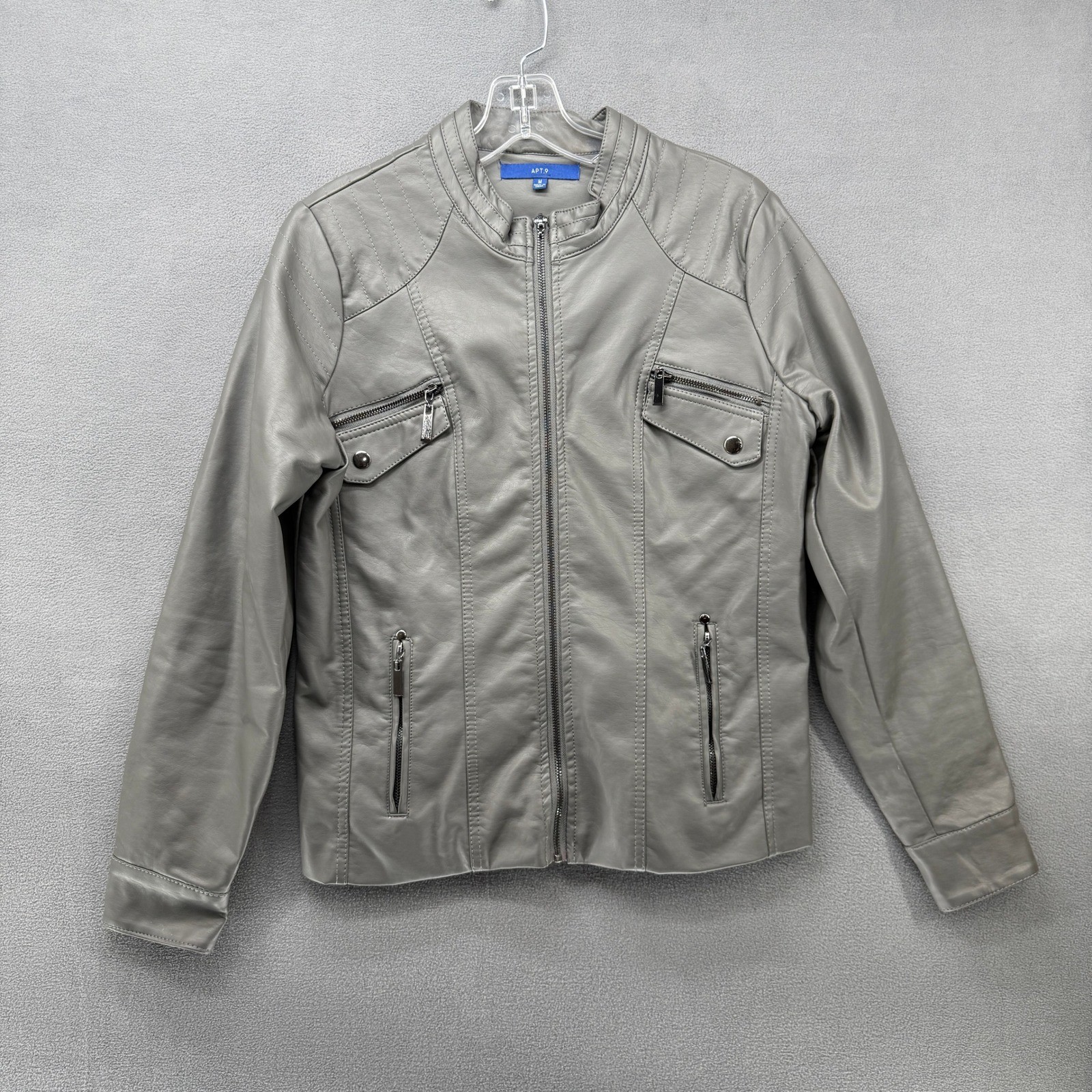 Apt 9 Womens Grey Faux Leather Moto Biker Jacket Quilted Shoulder Size M