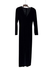 Vtg Scott McClintock Velvet Maxi Dress Black V Neck Front Slit Form Fitting Sz 6