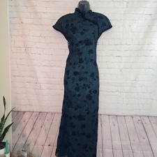 90s Dw3 Chinese cheongsam qipao dress w mandarin Collar Velvet Floral Trim Sz 16