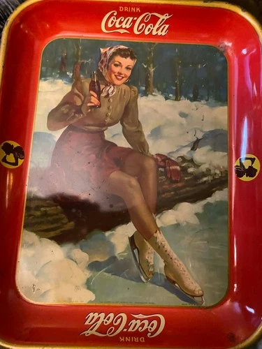 Rare 1941 Coca Cola Metal Tray ice skater girl Vintage Original Coke