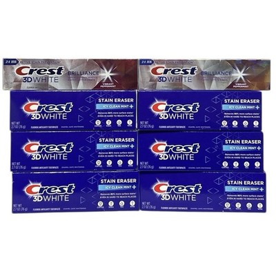 6 Crest 3D White Stain Eraser + 2 Brilliance Stain Removal 2.4+ oz Toothpastes
