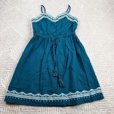 Loft Beach Sundress Women's XS Teal Embroidered Linen Blend Boho Tassel Coastal
