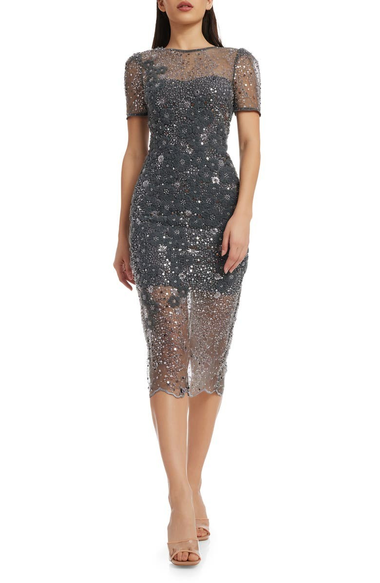Dress the Population Lia Sequin Illusion Mesh Overlay Midi Cocktail Dress