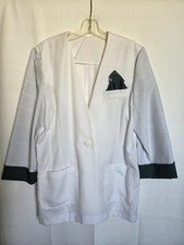 Vintage Women's White Blazer Seamstress Home Sewn Green Cuffs Pocket Accent