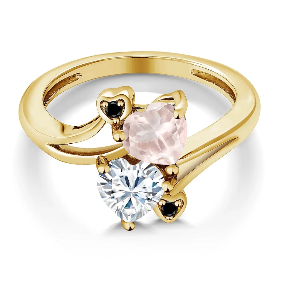 18K Yellow Gold Plated Silver Rose Rose Quartz White Moissanite and Black - Image 3 of 4