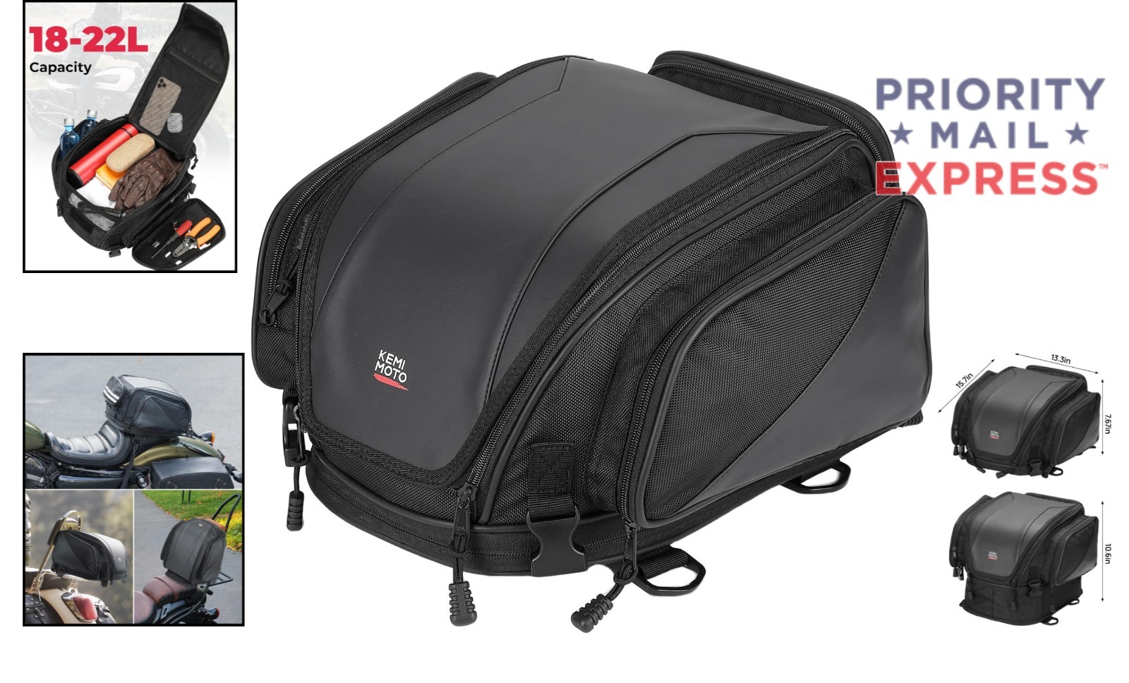 Expandable Motorcycle Tail Bag 18-22L Waterproof Luggage for Touring & Cruisers