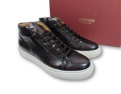Testoni Dark Brown Antiqued Calf Leather Sneakers NEW Size 8/42