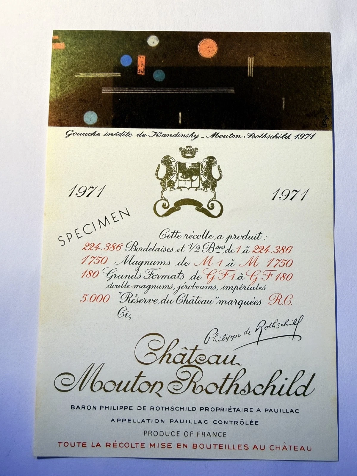 Étiquette De Vin Château Mouton Rotschild Spécimen 1971