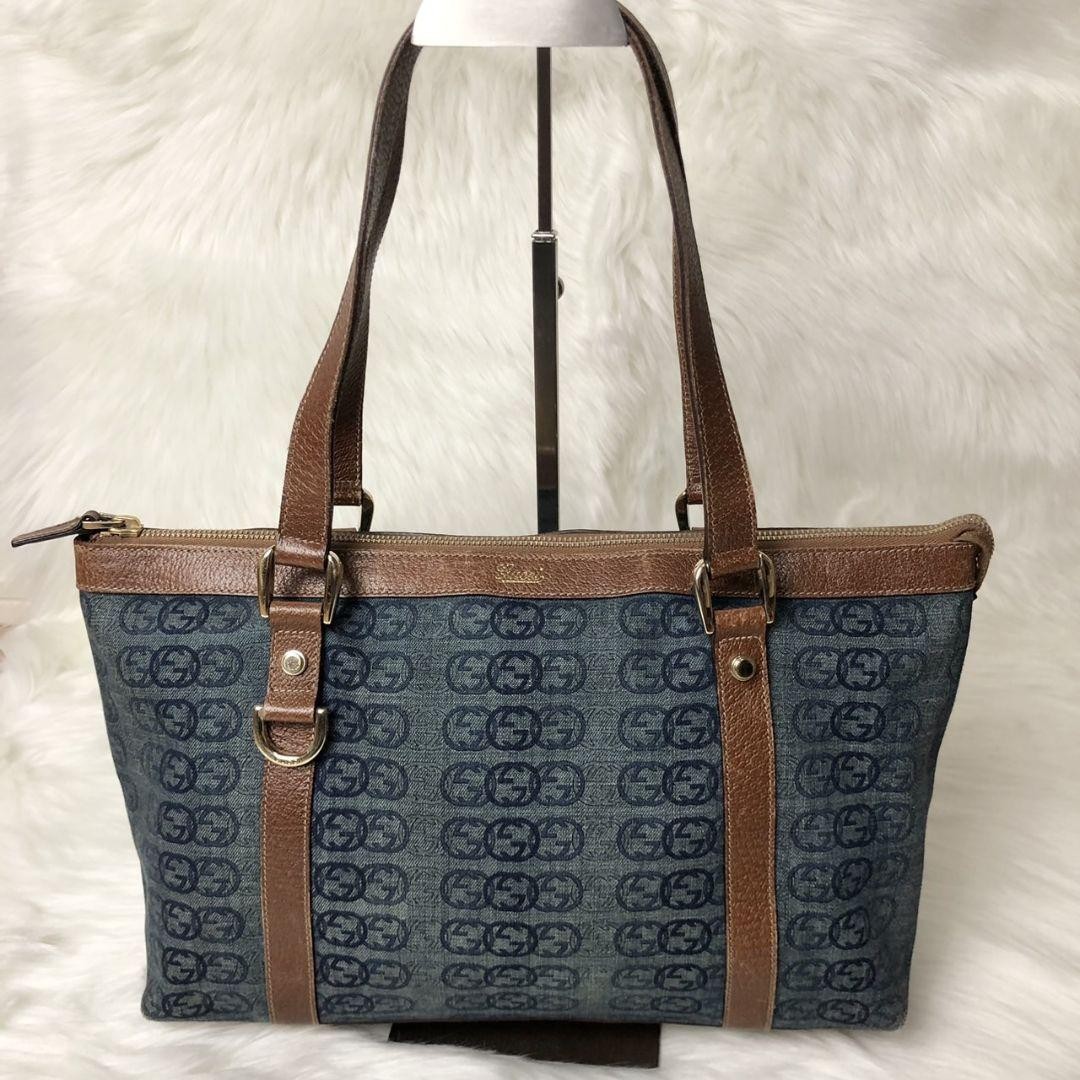 Gucci Abby Denim Tote Bag GG Pattern Rare Authentic Used