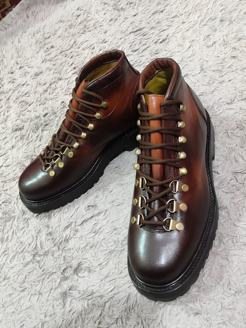 Brown Leather Hiking Boots Mens Formal Round Toe Boots Lace-