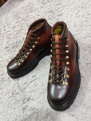 Handmade Men Brown Leather Hiking Boots Mens Formal Round Toe Boots Lace-Up Shoe