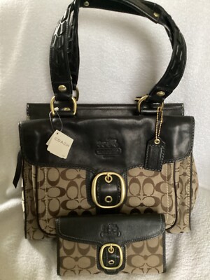 Coach Bleecker Coal Black Leather Khaki Shopper Tote Bag 11435