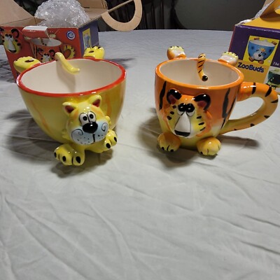 The Da Vinci Collection Handpainted Ceramic TIGER  Mug Cup and CAT BOWL