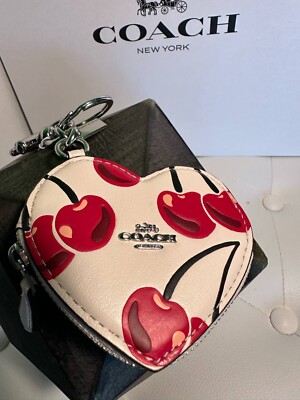 NEW! + tags! COACH WOMEN LEATHER BAG CHARM CHERRY AIRPODS KEY Holder Coin Purse
