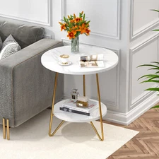 2-Tier Round Accent End Table with Storage, Faux Marble Wood Sofa Side Table