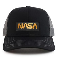 NASA Worm Gold Text Patch 6 Panel Two Tone Mesh Back Trucker Cap - FREE SHIP