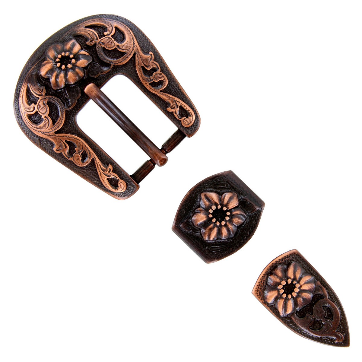 WESTERN FLORAL COPPER ENGRAVED Three Piece BELT BUCKLE SET  display picture 3