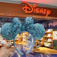 DisneyParks Blue Minnie Mouse Sequins Ears Mickey limited Ribbon Ears Headband .