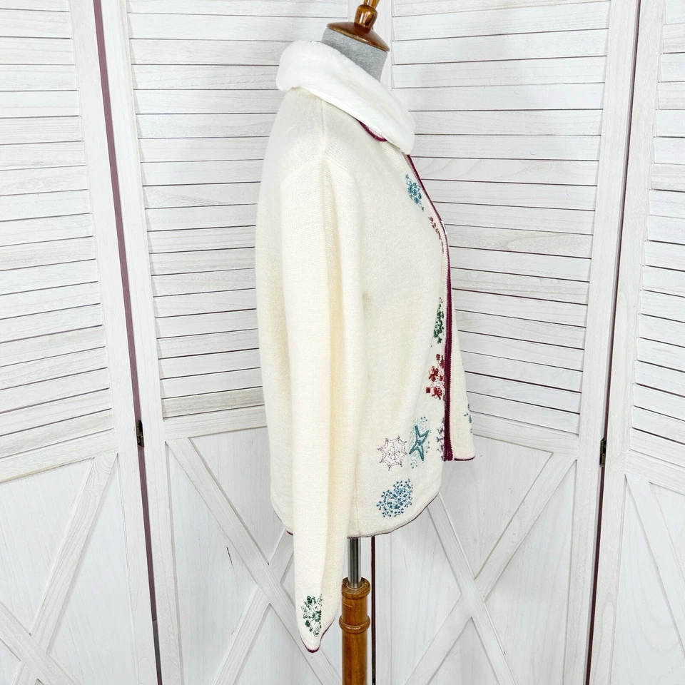 Karen Scott De Colección Suéter Mediano Crema Cárdigan Copo de Nieve Imitación Piel Cuello Lana Foto 3 de 4