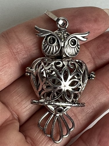 Silver Tone Domed Owl Momento Locket Pendant with Filigree Hinged Belly - 第 1/6 張圖片
