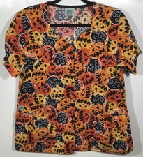 Halloween Scrub Top womens size S Small button front Jack O Lanterns Pumpkins