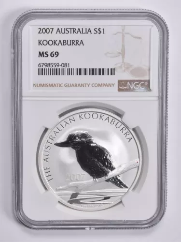 MS69 2007 Australia 1 Dollar Kookaburra 1 Oz Silver NGC Brown Lbl