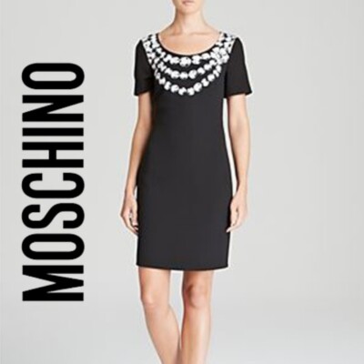 Moschino Rock Stone Chain Graphic Black Dress Back Zipper Lined USA Sz 8 IT42
