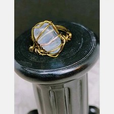 NATURAL PALE BLUE QUARTZ STONE BRONZE AND COPPER WIRE WRAPPED RING SIZE 9