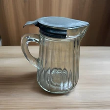 Antique Primitive Ribbed Glass Syrup Pitcher with Tin Lid