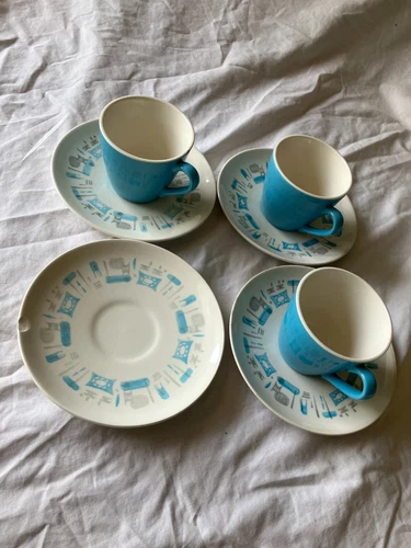 Vintage MCM Royal China Blue Heaven Coffee Tea Cup and Saucer Set x 3