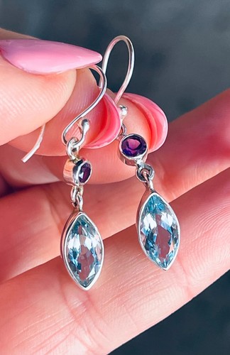 Boucles D'Oreilles Pendantes En Argent 925 Avec Améthyste & Topaze Bleue