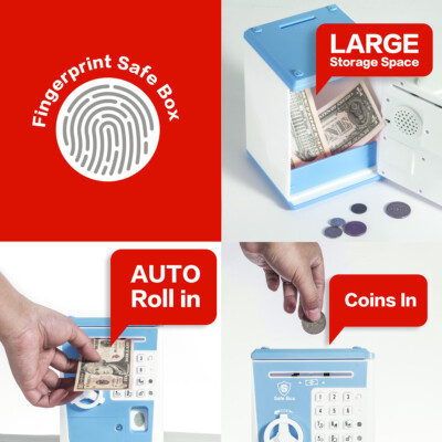 Toy Piggy Bank Safe Box Fingerprint ATM Bank Savings Bank - Blue