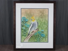 Karl J. Feng "The Beauty" cockatiel original watercolor painting signed, framed