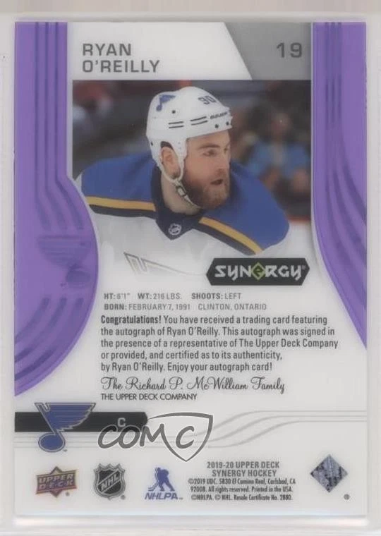 2019-20 Upper Deck Synergy Veterans Auto Purple /90 Ryan O'Reilly #19 Auto - Image 2 of 2