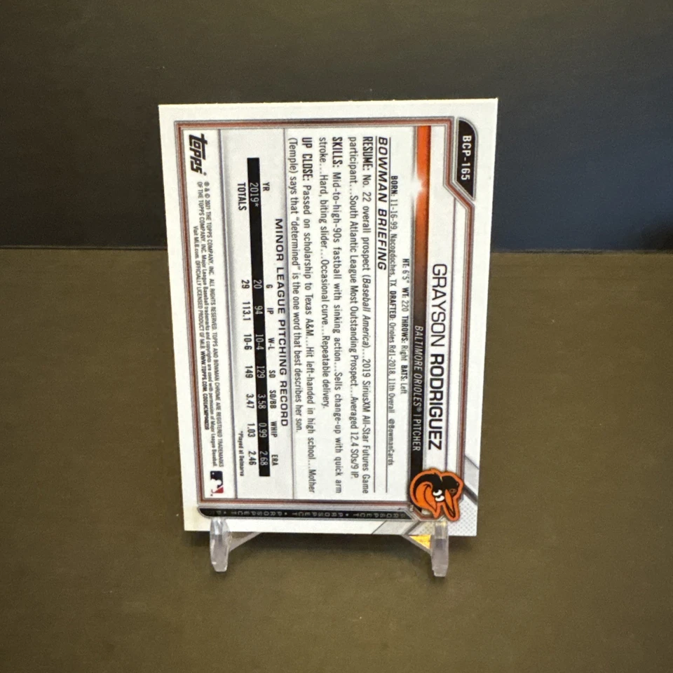 2021 Topps BOWMAN CHROME PROSPECT FOIL REFRACTOR #BCP-165 Grayson Rodriguez NM - Image 2 of 2