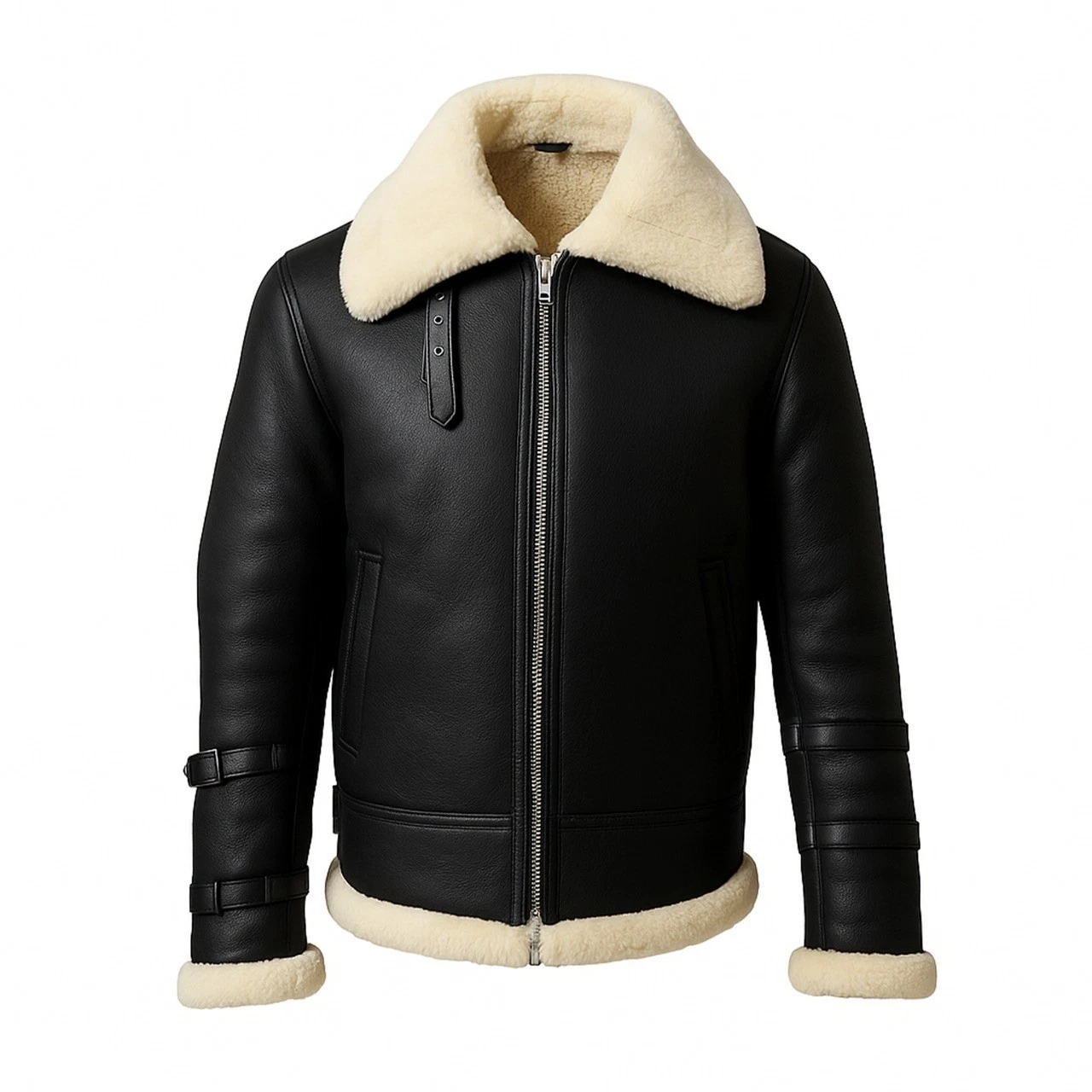 Men’s Shearling Leather Aviator Jacket – Black with Cream Lining