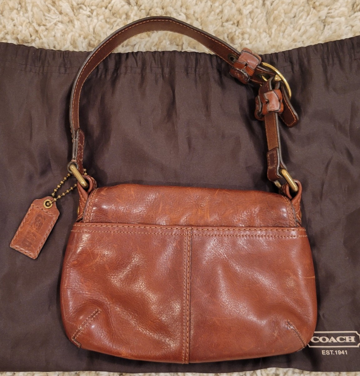 Coach Small Vintage Bleeker Legacy Cognac Tattersall Flap Shoulder