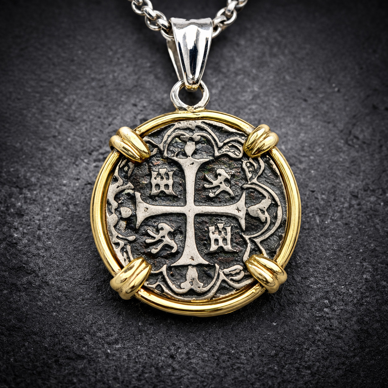 Atocha Coin Replica Pendant Solid 925 Silver 18K Gold Plated Bezel Frame 36mm