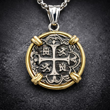 Atocha Coin Replica Pendant Solid 925 Silver 18K Gold Plated Bezel Frame 36mm