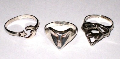3 Vintage 925 Silver Rings Various Sizes Face / Moon & Star / Man &  Woman Kiss