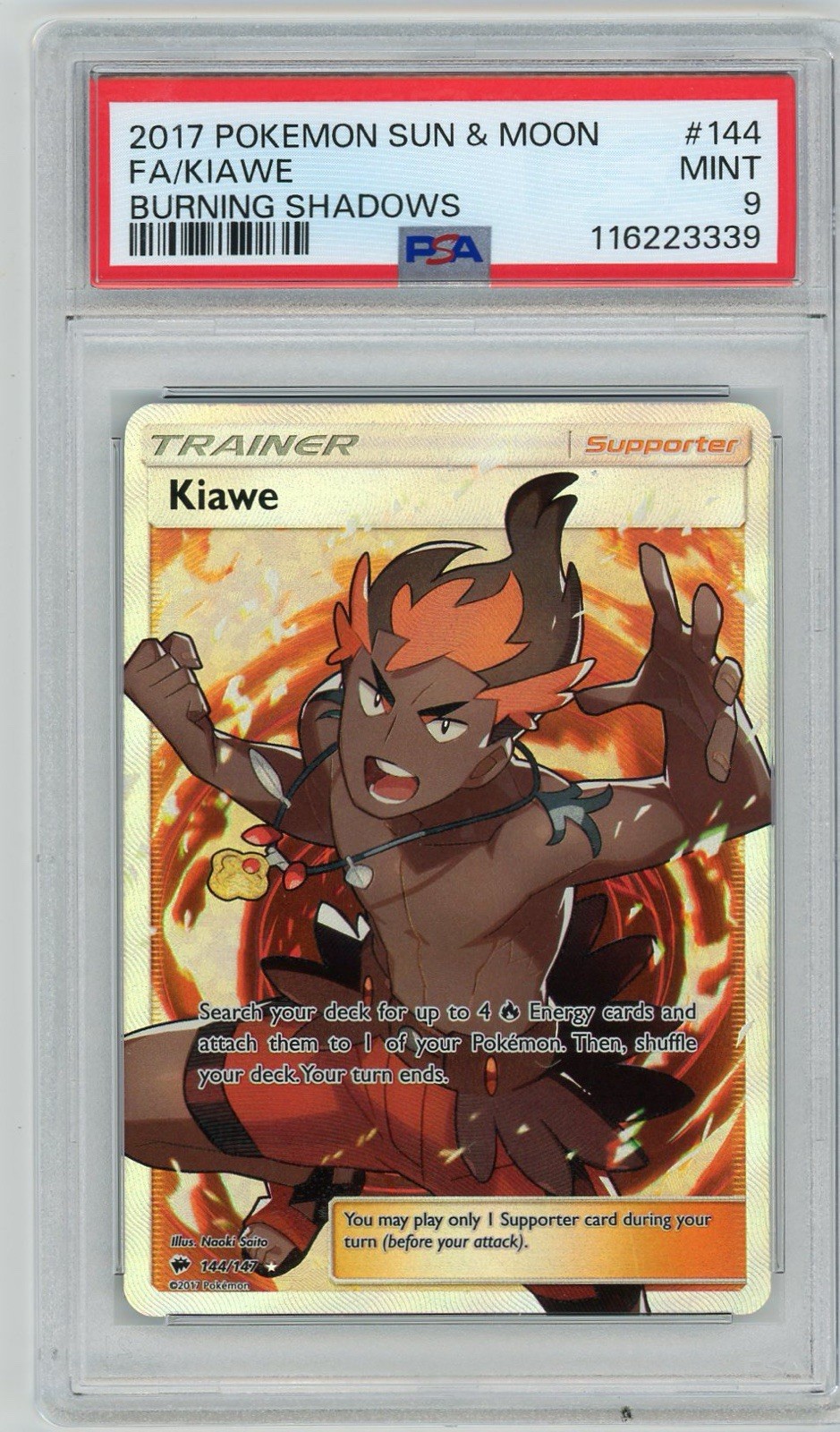 2017 Pokemon Sun & Moon Burning Shadows Kiawe Full Art #144 PSA 9 Mint